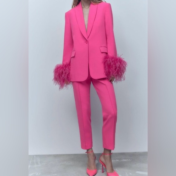 Zara Pants - Zara Elegant Pink Feather-Trimmed Womens Blazer Size S NWOT